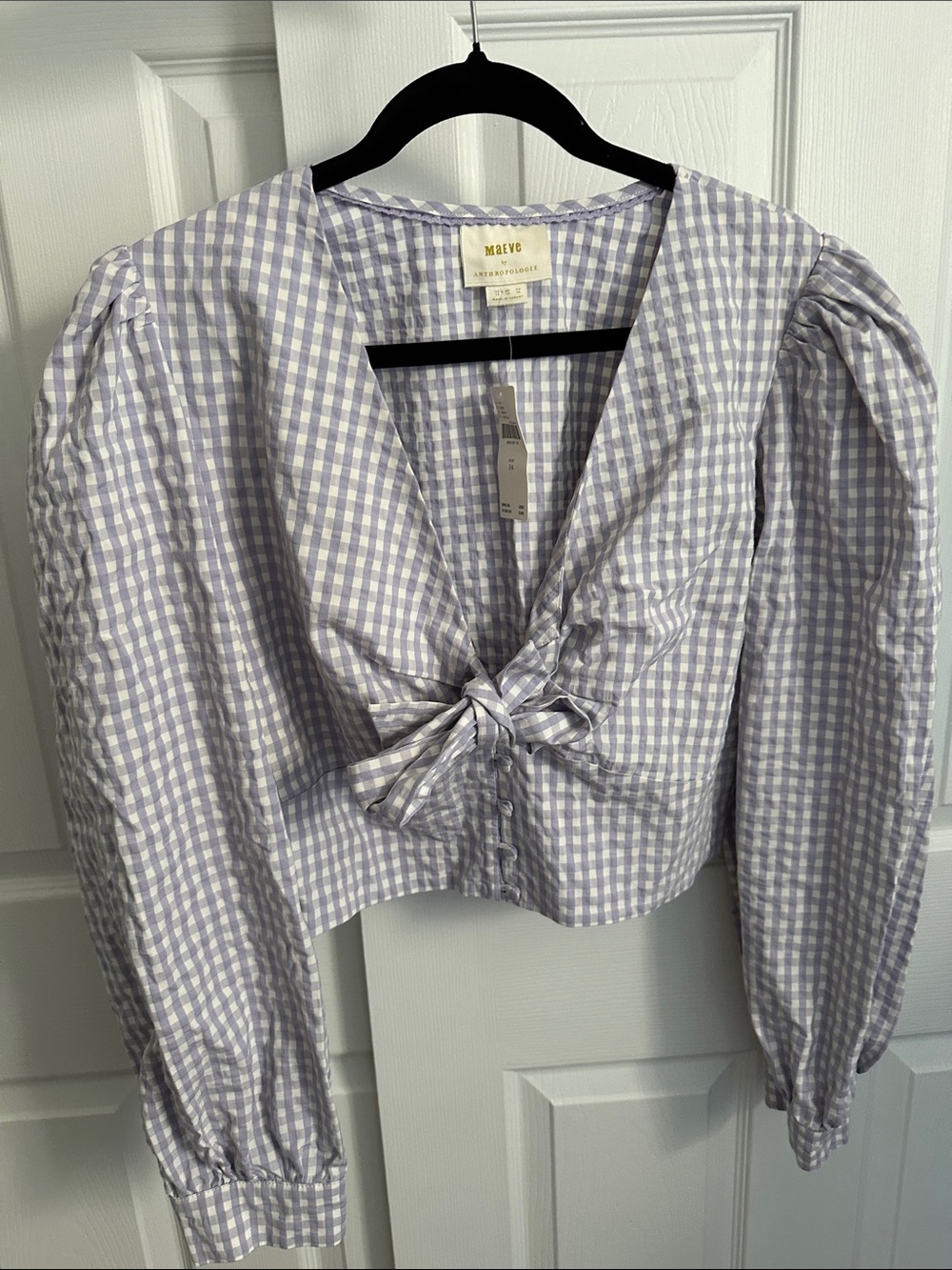 Maeve Lavender Gingham Tie-Front Puff Sleeve Blouse